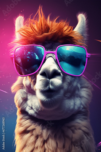Llama in glasses, funny animal.Generative AI © Anna