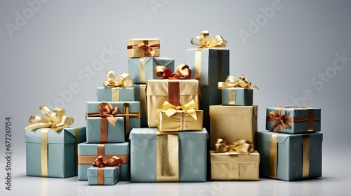  a pile of blue and gold wrapped gift boxes with gold ribbons and bows on top of each of the boxes are stacked on top of each other in a pyramid. generative ai
