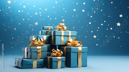  a pile of wrapped presents sitting on top of each other with gold bows and bows on top of the boxes in front of a blue background with snowflecked stars. generative ai