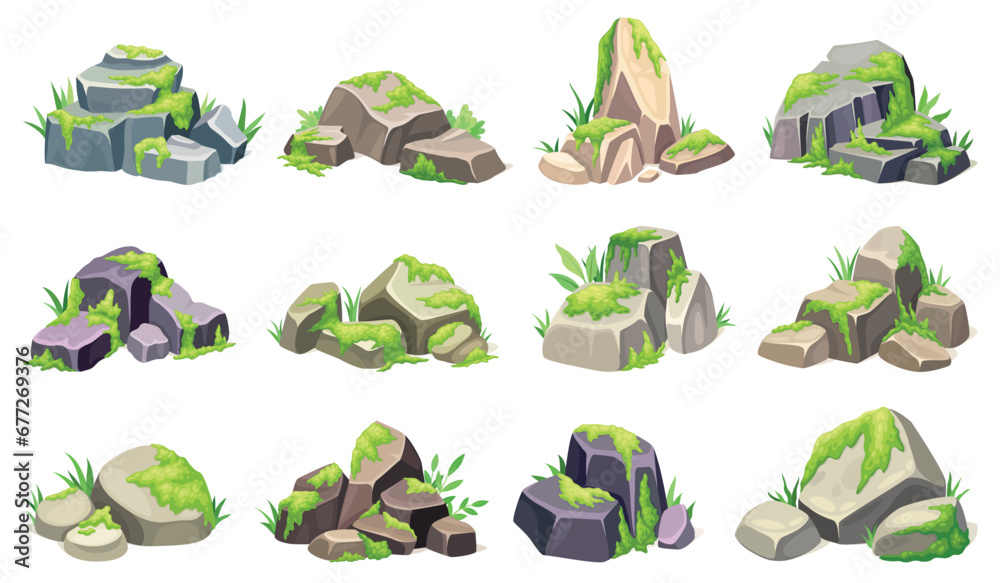 Moss on stones. Swamp green lichen rocks, wild forest mosses structure at rock piece stone rubble nature geology material, game lichens assets cartoon neoteric vector illustration - obrazy, fototapety, plakaty 