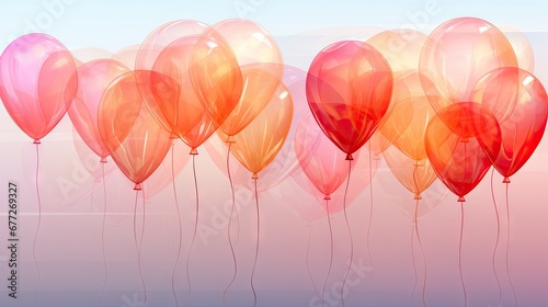  a group of red and yellow balloons floating on top of a blue and pink background with a pink sky in the background and a blue sky in the foreground.  generative ai