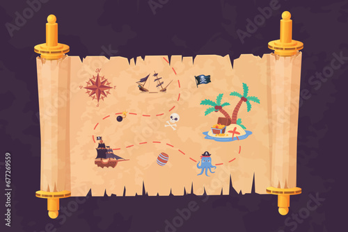 Old treasure map. Pirate treasures scroll paper maps, route to adventure island with pirates gold sea exploration child funny quest vintage cartography cartoon vector illustration