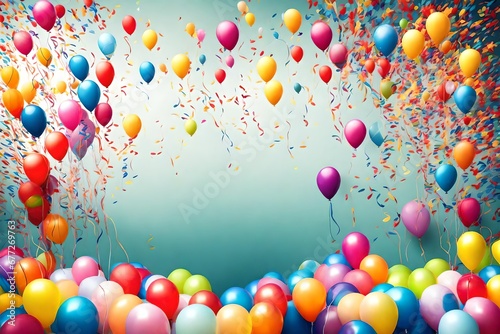 multicolor balloons with text copy space in the middle for text writing balloons at the border with blank grey and blue wall for copy space birthday decoration with balloons party bushes 