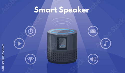 Smart home assistant. Iot speaker voice control sound signal command recognition, ai device connected internet hub, music audio system digital automation, neat vector illustration