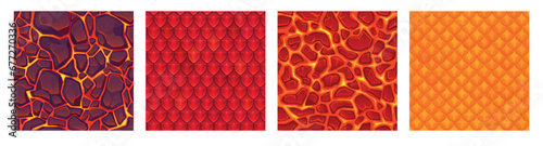 Dragon skin. Animal fire armour stone lava seamless pattern, red snake fairy dragons reptile scale structure, roof plateau tile cartoon game texture ingenious vector illustration