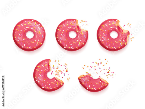 Bitten donuts. Realistic eaten donut, delicious biscuit with hole for Hanukkah, bite half doughnut colorful glazed topping and crumbs sugar delicacy icing exact vector illustration