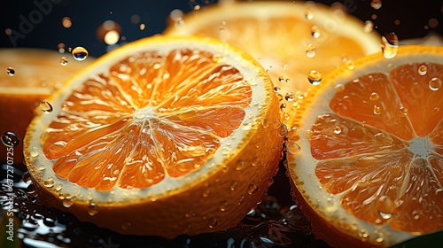 a close up of an orange cut in half with water droplets on the top and bottom of the sliced orange, with a black background of green leaves and blue.  generative ai