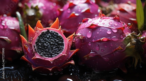  a close up of a dragon fruit with drops of water on the inside of it and on the outside of the fruit and on the outside of the inside of it.  generative ai #677270900