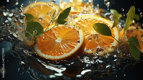  a group of oranges with leaves and water splashing around them on a black background with a splash of water on the bottom of the image and on the bottom of the image.  generative ai