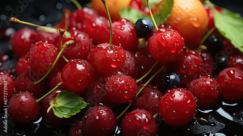  a close up of a bunch of cherries and oranges on a black surface with drops of water on the surface and on the top of the cherries. generative ai