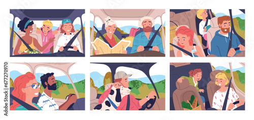 People driving inside car. Family or friends driver and passengers sitting in cars interiors, travel roadtrip concept woman at windshield automobile ride classy vector illustration © ssstocker