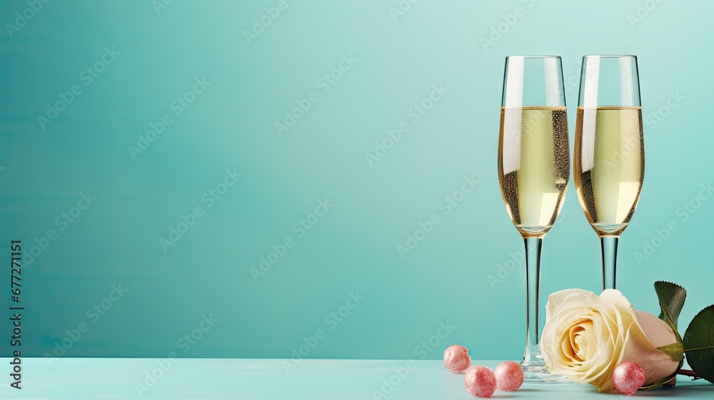  two glasses of champagne next to a rose on a table with a blue wall in the background and a pink rose in the foreground with two glasses of champagne.  generative ai - obrazy, fototapety, plakaty 
