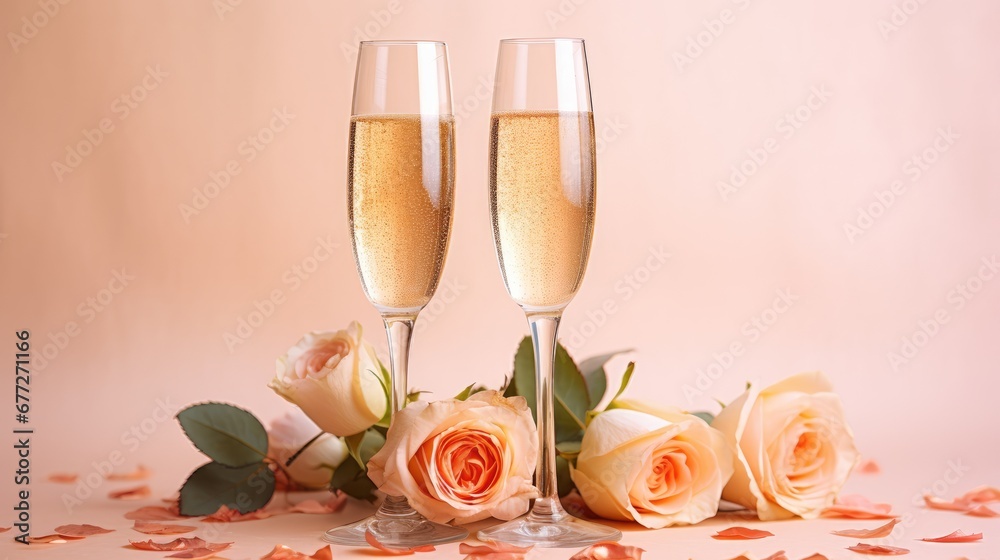 two champagne flutes with rose petals and confetti on a pink background with confetti on the floor and confetti on the floor and confetti on the floor. generative ai two champagne flutes with rose petals and confetti on a pink background with confetti on the floor and confetti on the floor and confetti on the floor. generative ai