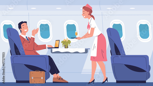 Airplane first class. Businessman onboard person business jet, passenger in comfort chair inside plane cabin luxury interior with stewardess