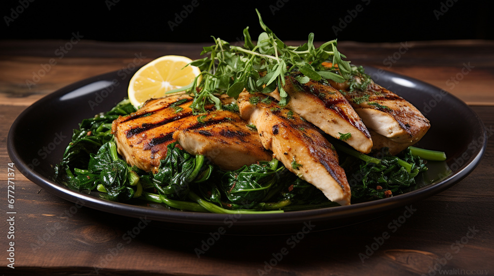 delicious grilled chicken on a plate with greens.Generative AI delicious grilled chicken on a plate with greens.Generative AI