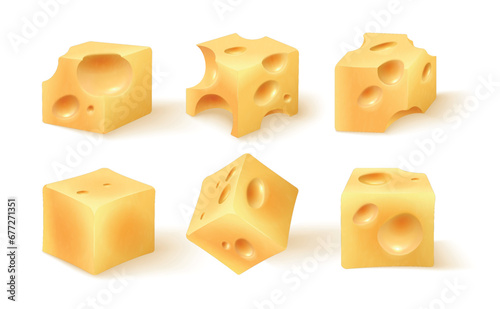 Cheese cubes. Realistic cheeses cube with holes, 3d cheddar parts hard parmesan fat piece cubed gouda, american snack