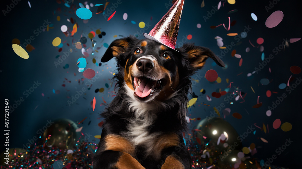 happy dog,New year, carnival or birthday concept with falling confetti.Generative AI