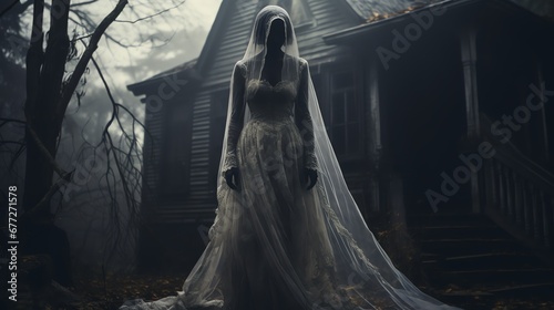 A ghostly woman in an old white Victorian dress, standing in front of an ancient house, enveloped in fog. The detailed, moody atmosphere evokes a sense of mystery and timeless haunting.
