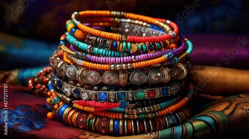 A stack of colorful bracelets sitting on top of a table