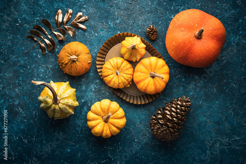 Autumn Pumpkin on blue vintage backdrop. Thanksgiving Background