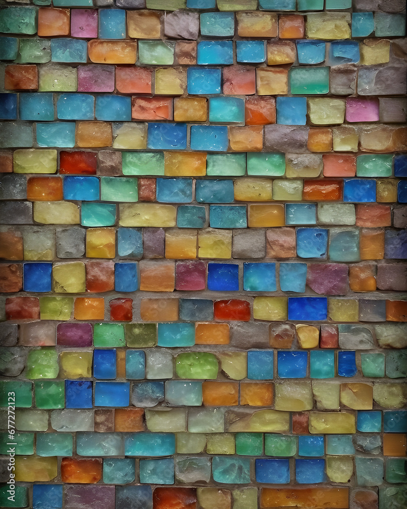 Picture of A Multicolored Brick And Tile Wall, Background Picture of A Multicolored Brick And Tile Wall, Background