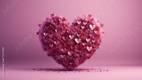 a heart - shaped arrangement of pink hearts on a pink background with scattered confetti hearts in the shape of a heart on the left side of the image. generative ai