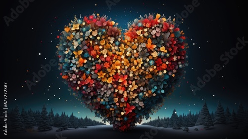  a large heart made up of many different colored buttons in the shape of a tree in the middle of a dark night sky with stars and snow on the ground.  generative ai © Nadia