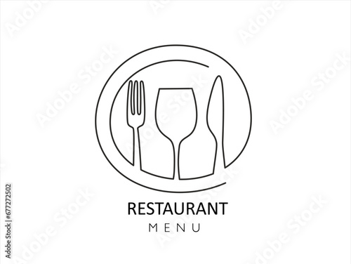 Continuous one single line drawing of plate, fork, knife and glass. Restaurant menu. Menu food design. Vector illustration.