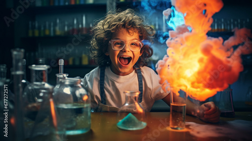 A boy doing experiments in the laboratory. Explosion in the laboratory. Generative AI