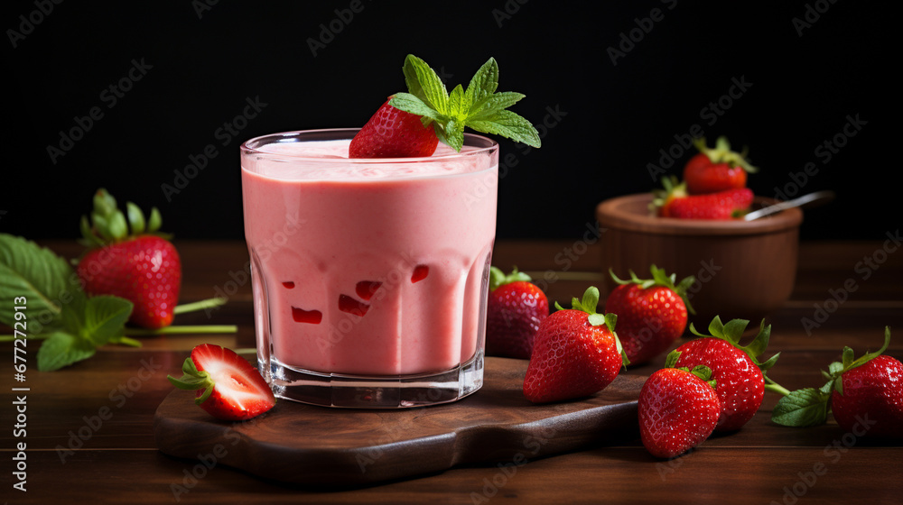 Strawberry milkshake on a dark background.Generative AI Strawberry milkshake on a dark background.Generative AI