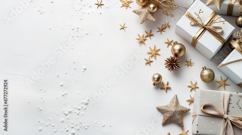  a white table topped with lots of gold and silver christmas ornaments and wrapped presents on top of a white table with gold and silver stars on top of the table.  generative ai