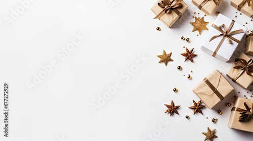  a bunch of presents that are wrapped in brown paper and tied with brown ribbon and star shaped decorations on a white surface with gold stars and confetties.  generative ai photo