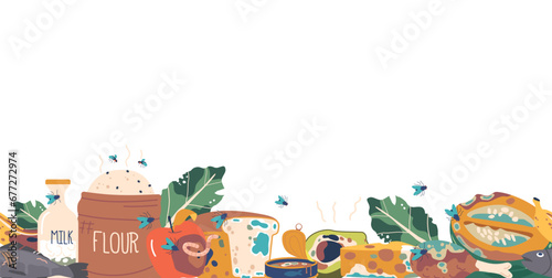 Seamless Pattern Featuring Various Spoiled Foods In A Chaotic, Humorous Design, Including Rotten Fruits