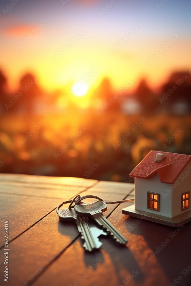 Real estate concept -buying, selling or renting a house. keys near the house at sunset.Generative AI - obrazy, fototapety, plakaty 