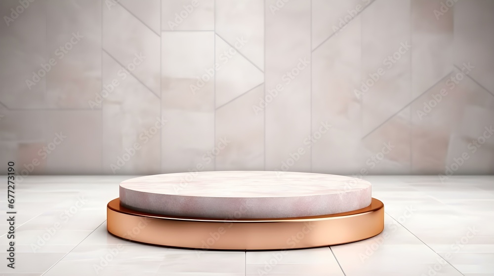Luxury Studio Background for Product Presentation. Light Marble Showroom with a round rose gold Podium Luxury Studio Background for Product Presentation. Light Marble Showroom with a round rose gold Podium