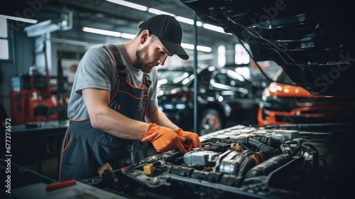 Portrait Shot of a Handsome Mechanic Working on a Vehicle in a Car Service. Professional Repairman is Wearing Gloves and Using a Ratchet Underneath the Car. Modern Clean Workshop.