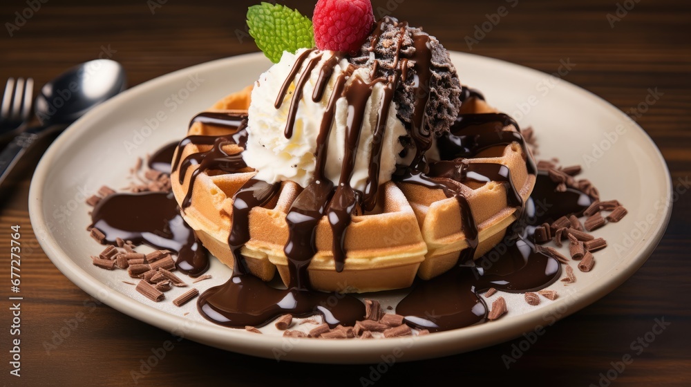 a white plate topped with waffles covered in chocolate and ice cream and topped with a raspberry on top of a chocolate sauce drizzled. generative ai a white plate topped with waffles covered in chocolate and ice cream and topped with a raspberry on top of a chocolate sauce drizzled. generative ai