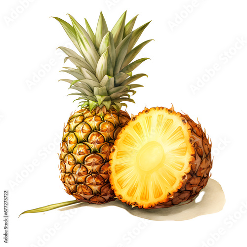 Illustration of a whole and sliced pineapple (ananas) with a vibrant leaf, on a transparent background, depicting freshness and health. photo