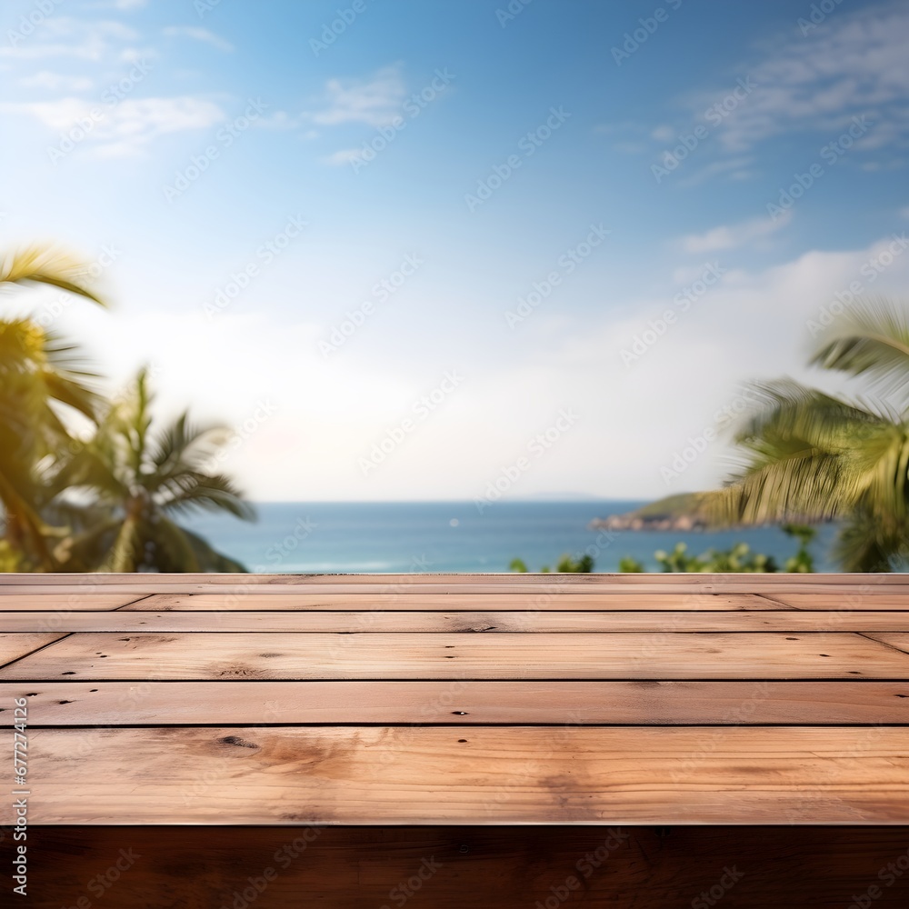Sky and sea with wooden table.