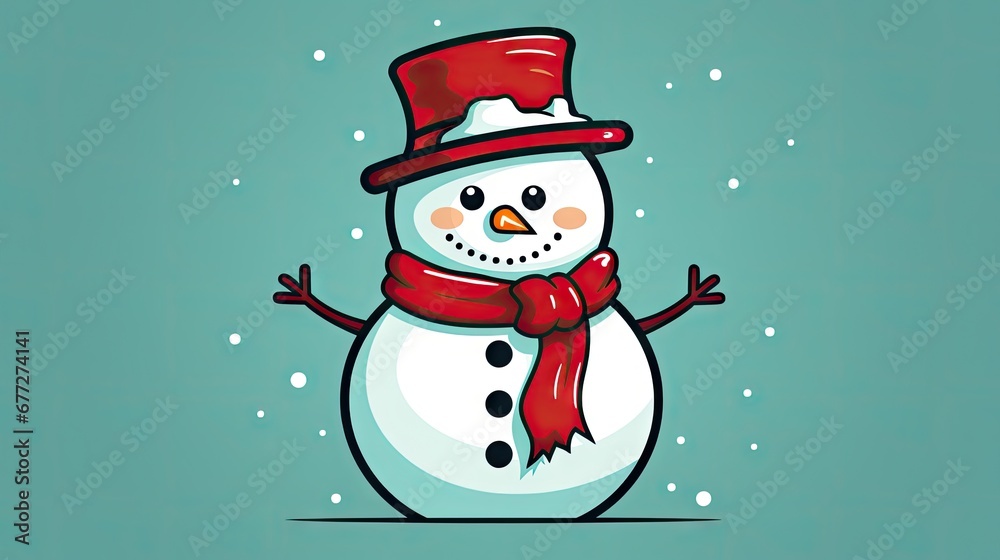  a snowman wearing a red hat and a red scarf and a red scarf around his neck is standing in front of a blue background that has snow flakes.  generative ai