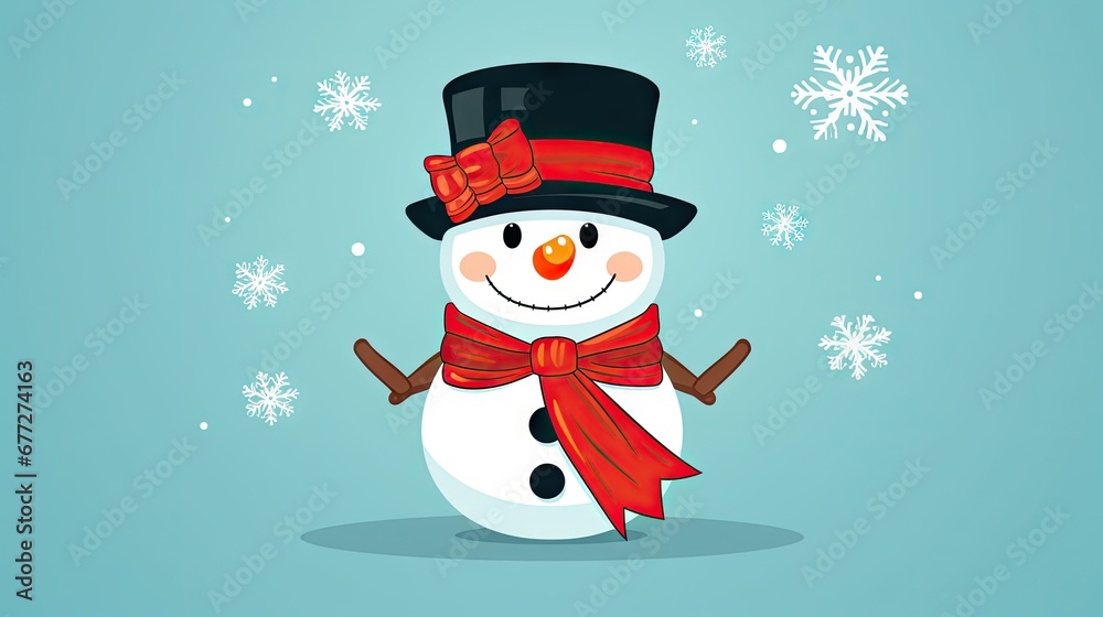  a snowman wearing a top hat and a red scarf and a red scarf around his neck is standing in front of a blue background with snowflakes and snowflakes.  generative ai