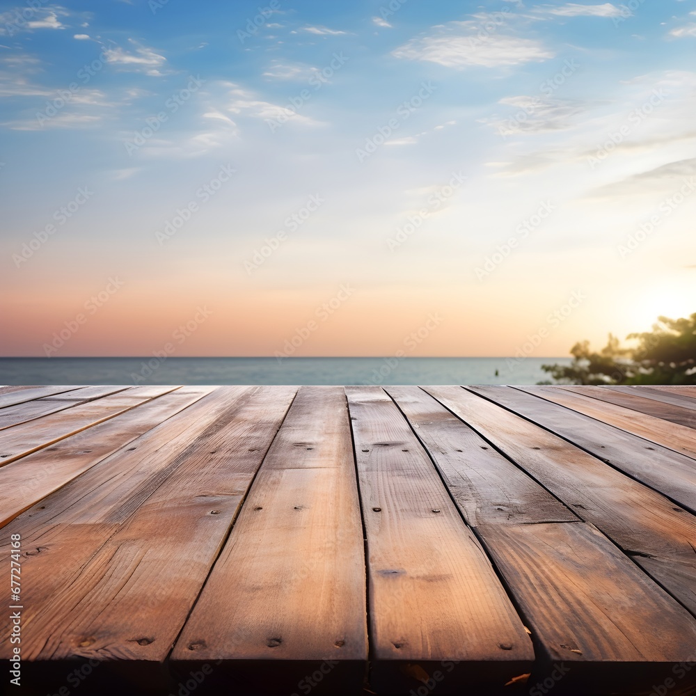 The wooden table with sky and sea and empty space for everything can use for product or present.