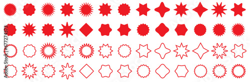 Set of red starburst. Price sticker, sale sticker, price tag, starburst, quality mark, retro stars, sale or discount sticker, sunburst badges, sun ray frames, shopping labels.