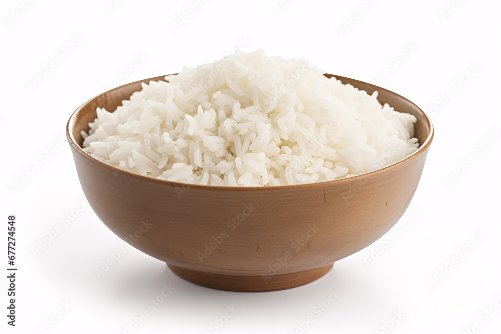 A bowl of fragrant Basmati rice, isolated against a white background, representing a classic Asian meal. A bowl of fragrant Basmati rice, isolated against a white background, representing a classic Asian meal.