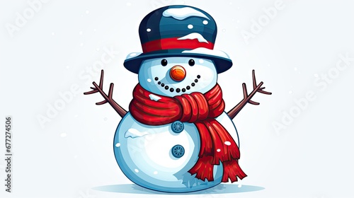  a snowman wearing a red scarf and a blue hat with a red pom - pom on it's head and a red scarf around his neck. generative ai