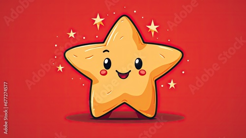  a yellow star with a smiling face on it's face, with stars around it, on a red background, with space for text, and a red background. generative ai