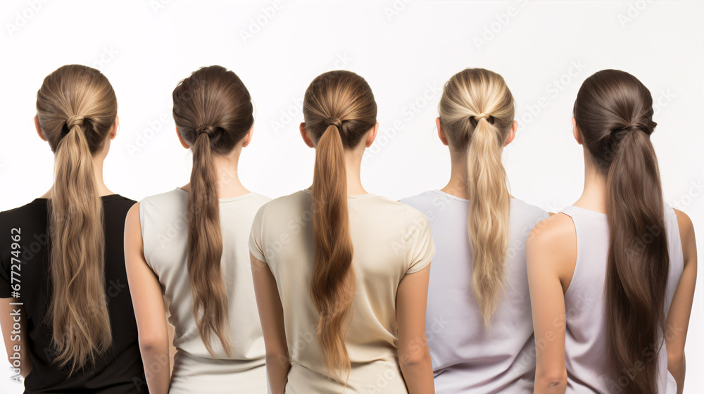 A female with various ponytail styles stands in an insular white milieu. A female with various ponytail styles stands in an insular white milieu.
