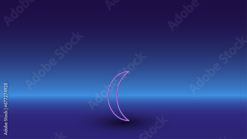 Neon crescent symbol on a gradient blue background. The isolated symbol is located in the bottom center. Gradient blue with light blue skyline