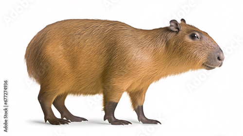 A Capybara is singularly sat on a plain white surface.