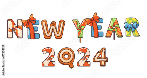 Cartoon New Year 2024 Bold  Festive Typography  Adorned With Colorful Gift Bows  Candy Cane Stripes  And Playful Cookies